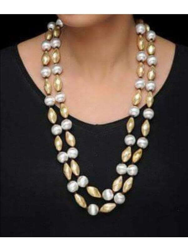 Metal Silver and Golden Dholki Beads Necklace