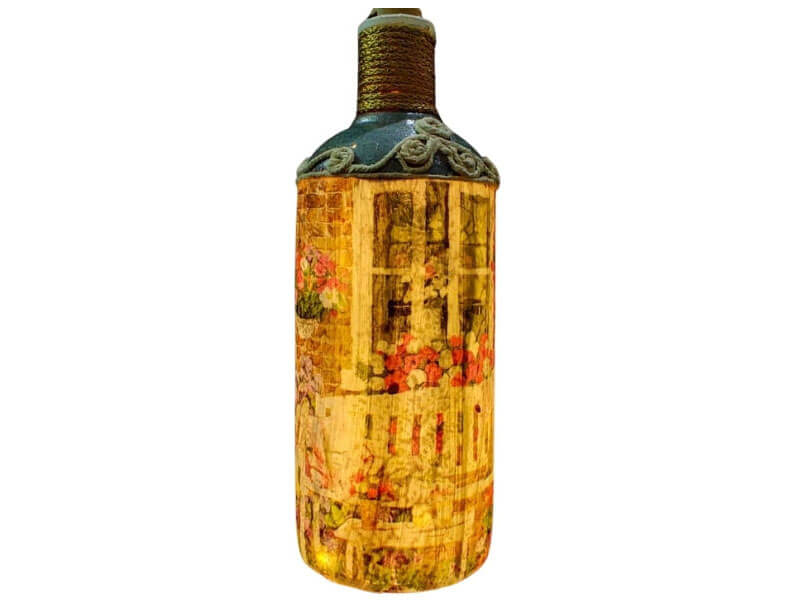 Glass Bottle with Decoupage Craft, Clay Work, and Lights
