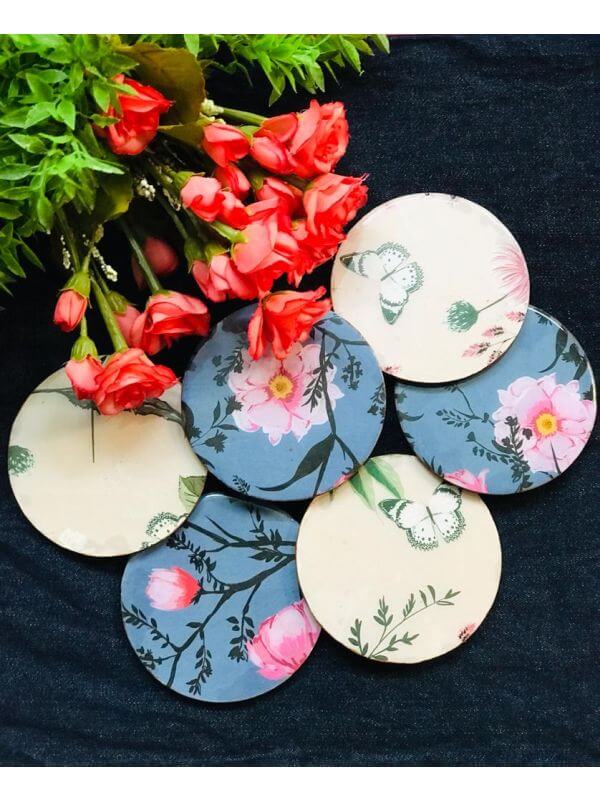 Set of 6 Resin Coated Wooden Coasters with Decoupage Art