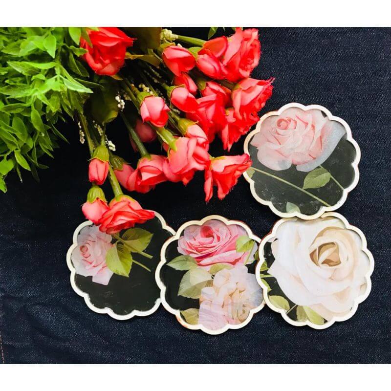 Set of 4 Resin Coated Wooden Coasters with Decoupage Art