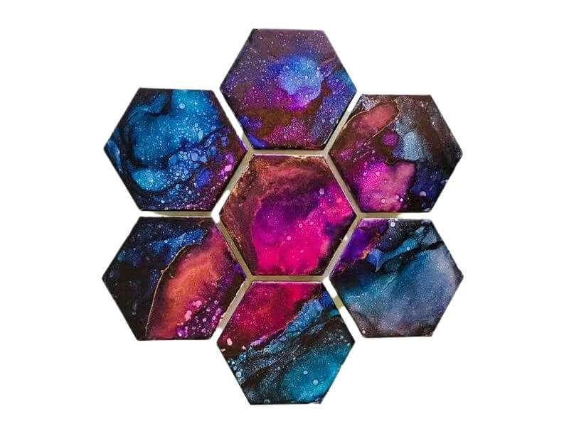 Set of 7 Resin Coated Galaxy Wooden Coasters