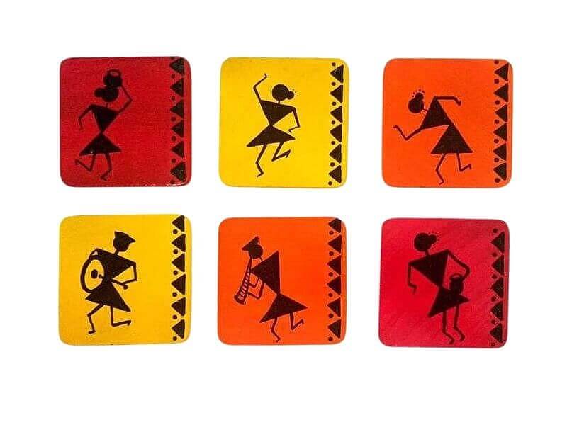Set of 6 Wooden Coasters with Warli Painting