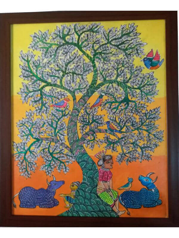 Gond Painting of Tree of Life with Cattle, Birds and Human Done on Canvas with Acrylic Colors