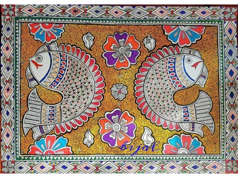Madhubani Painting of Fish and Lotus Done on Paper with Different Pens