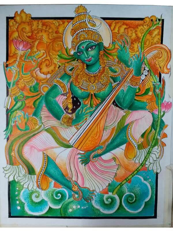 Maa Sharda Kerala Mural Painting Done on Paper with Ink