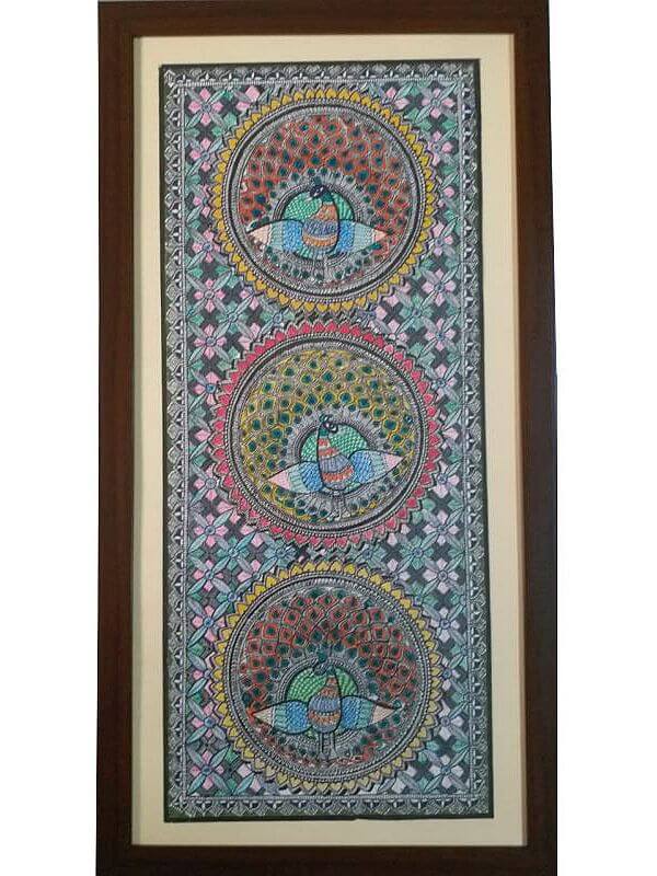 Kachni Style Madhubani Painting of Peacock Done on Paper with Different Pens