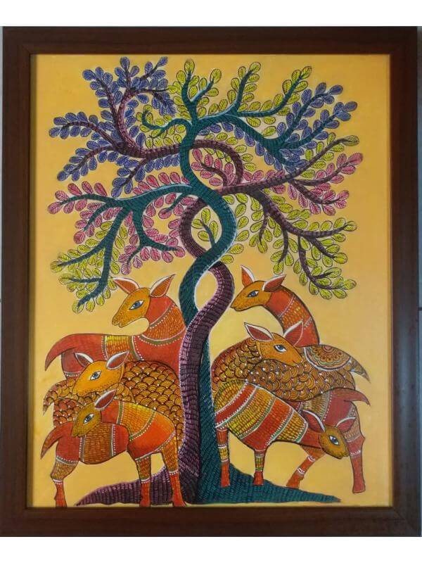 Gond Painting of Tree of Life and Deer Done on Canvas with Acrylic Colors
