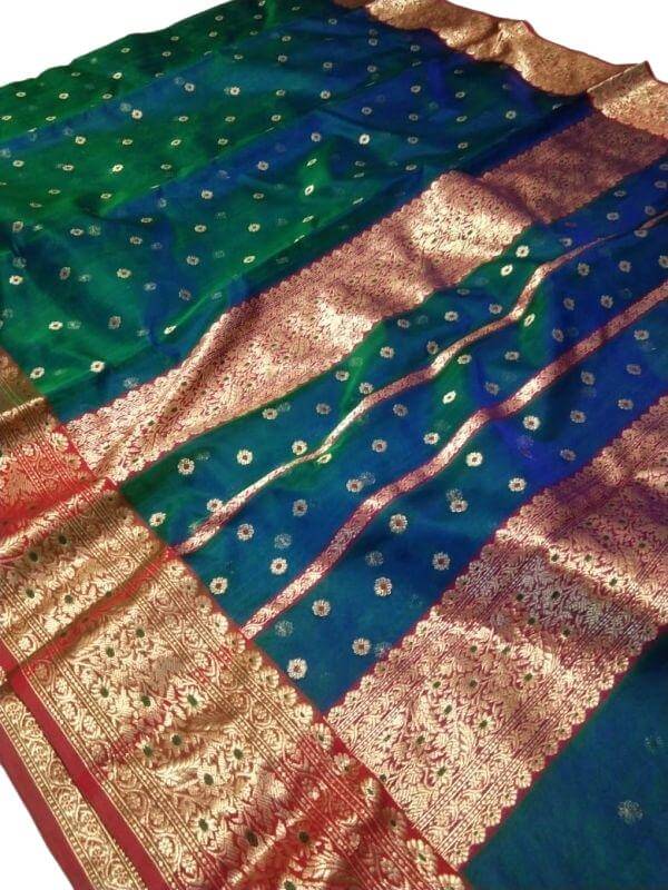 Chanderi Handloom Katan Tissue Silk Saree with Meenakari Butti, Traditional Pallu and Nakshi Meenakari Adda Border