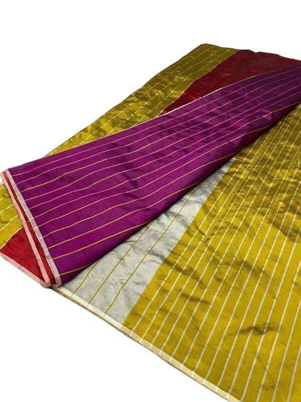 Chanderi Handloom Pattu Silk Saree with Stripes and Contrast Plain Blouse