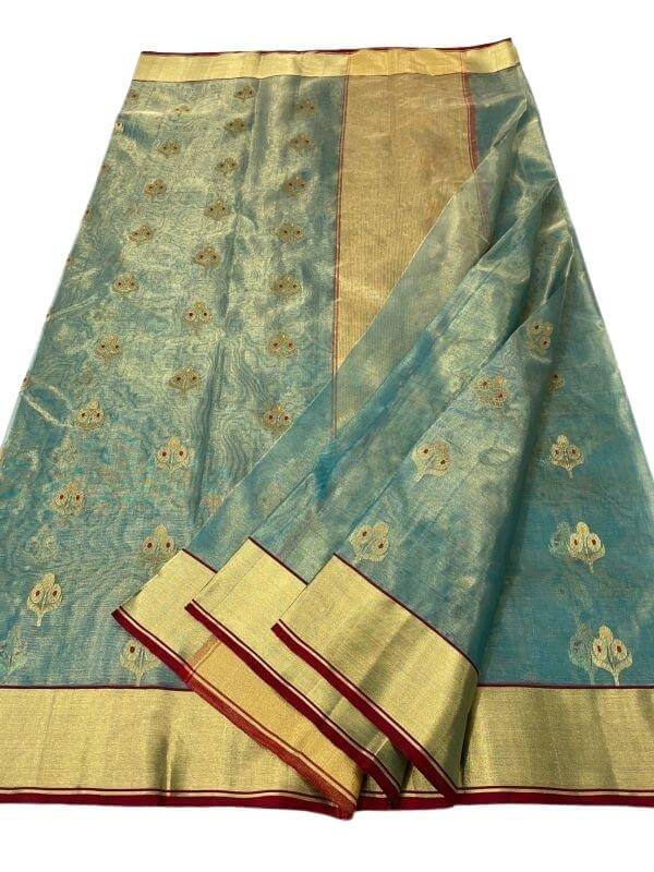 Chanderi Handloom Organza Tissue Silk Saree with Zari Border and Meenakari 3 Kali Butti