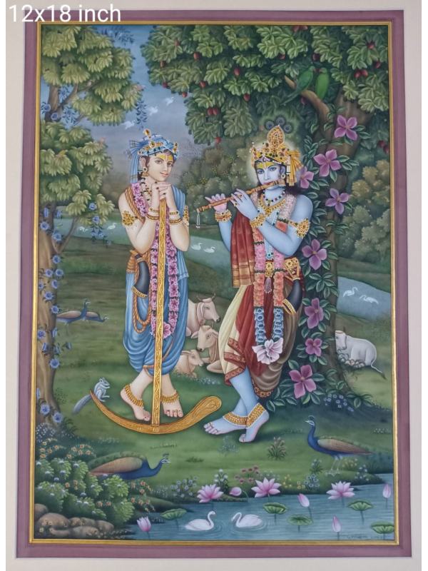 Krishna and Balram Miniature Painting (12 Inch x 18 Inch)