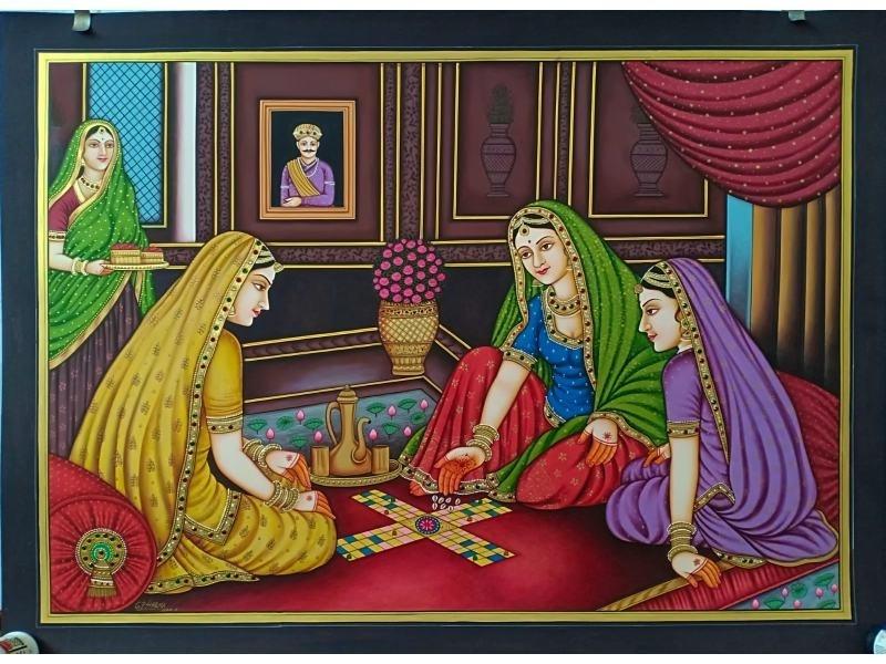 Chaupar Playing Scene Miniature Painting (22 Inch x 30 Inch)