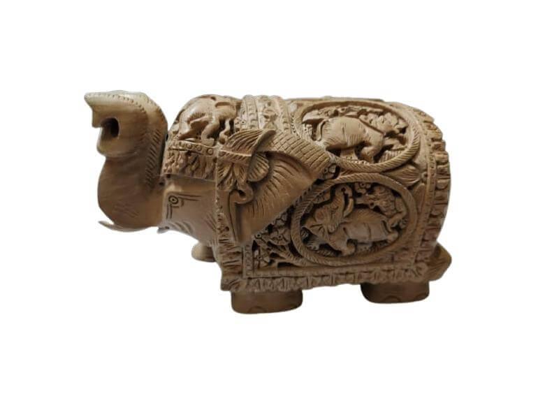 Loquat Wood Elephant Showpiece with Hunting Carving (7 Inch)