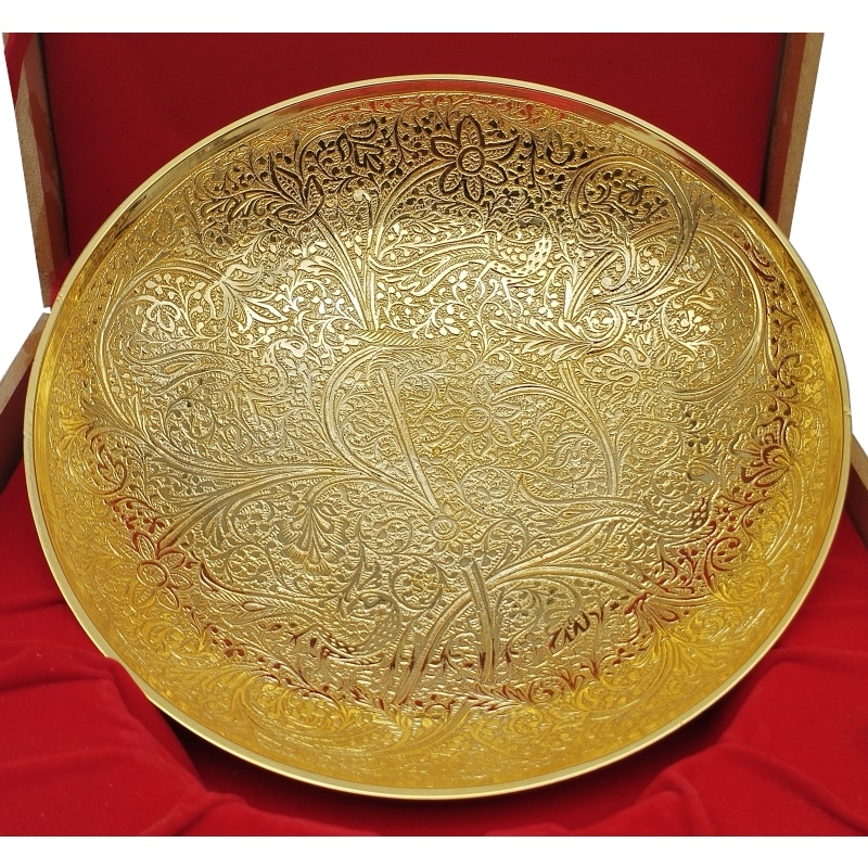 24 Carat Gold Plated Brass Floral and Branches Design Bowl (Dia: 7.5 Inch, Height: 2 Inch)