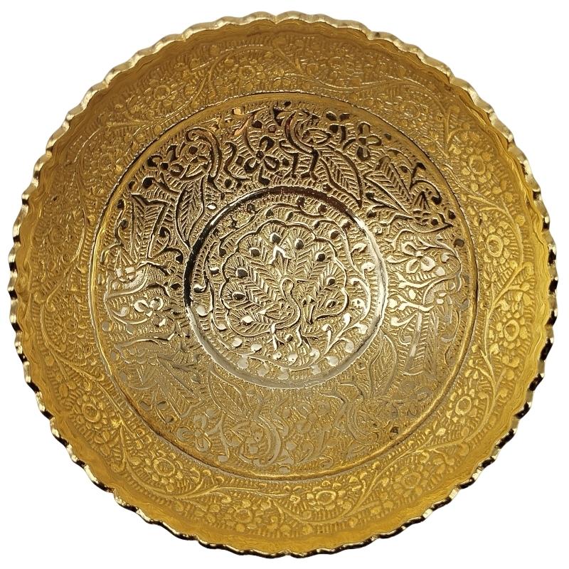 24 Carat Gold Plated Brass Peacocks and Floral Design Bowl (Dia: 5 Inch, Height: 2 Inch)