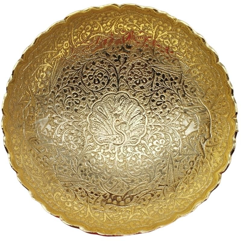 24 Carat Gold Plated Brass Peacocks and Floral Design Bowl (Dia: 5 Inch, Height: 2 Inch)
