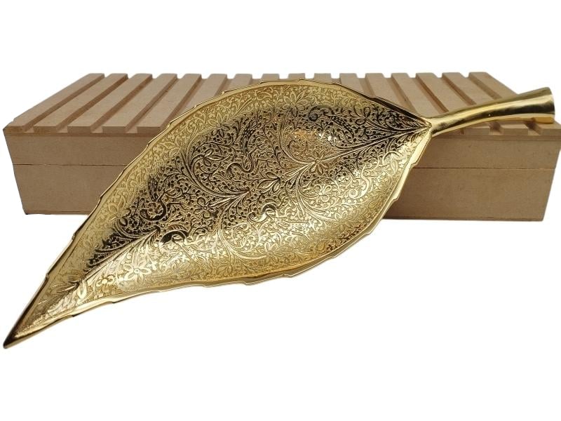 24 Carat Gold Plated Brass Peacocks and Floral Design Leaf Platter (Size: 12.5 x 4 Inches)