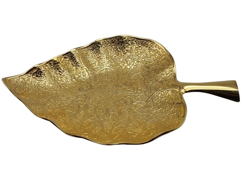 24 Carat Gold Plated Brass Peacocks and Branches Design Leaf Platter (Size: 9 x 5.5 Inches)
