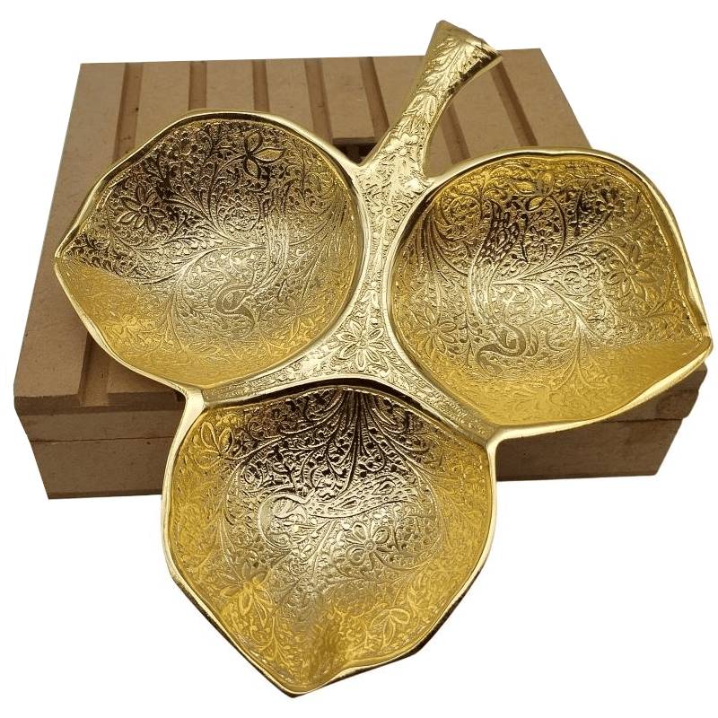 24 Carat Gold Plated Brass Peacocks and Floral Design Leaf Platter (Size: 7 x 6 Inches)