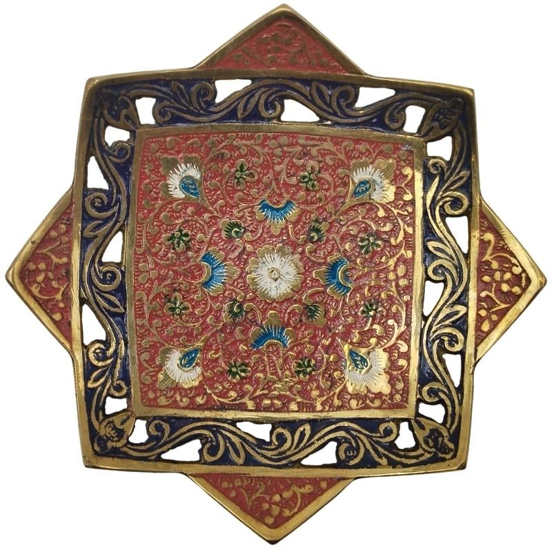 Brass Jali and Floral Design Platter (Size: 6 x 6 x 1.5 Inches)