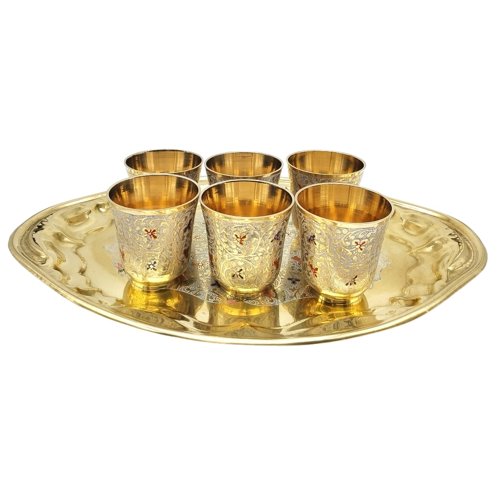 Brass Floral Design Glasses and Tray Set